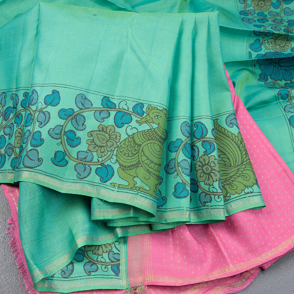 Peacock Green Plain Silk Saree With Hand Painted Kalamkari Design Border