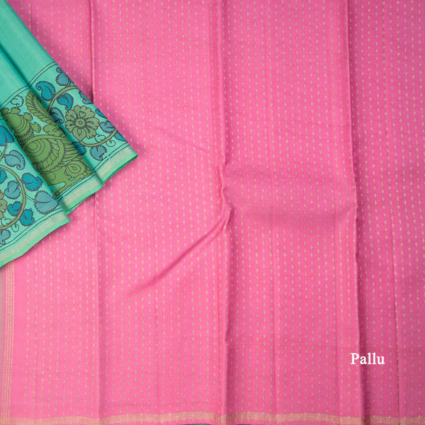Peacock Green Plain Silk Saree With Hand Painted Kalamkari Design Border