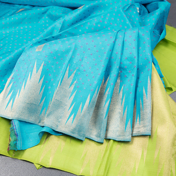 Blue Silk Saree With Hand Painted In Dot Design And Temple Border