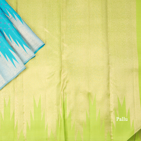 Blue Silk Saree With Hand Painted In Dot Design And Temple Border