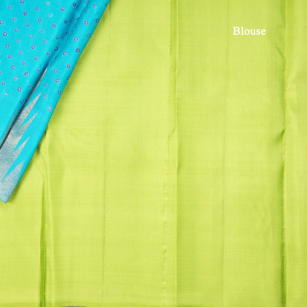 Blue Silk Saree With Hand Painted In Dot Design And Temple Border