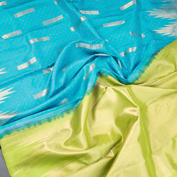 Blue Silk Saree With Hand Painted In Dot Design And Temple Border