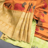 Orange Silk Saree With Hand Painted In Animal And Flower Design And Zari Border