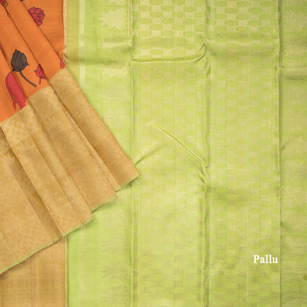 Orange Silk Saree With Hand Painted In Animal And Flower Design And Zari Border