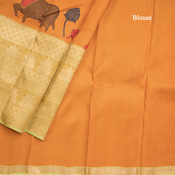 Orange Silk Saree With Hand Painted In Animal And Flower Design And Zari Border