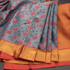 Greyish Blue Silk Saree With Floral Weaves And Pink Zari Border
