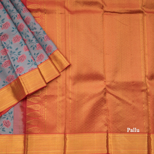 Greyish Blue Silk Saree With Floral Weaves And Pink Zari Border