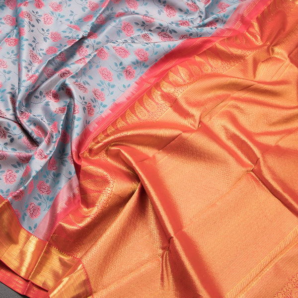 Greyish-Blue Silk Saree with Floral Weaves and Pink Zari Border