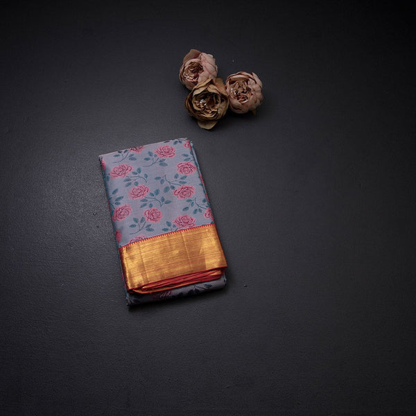Greyish Blue Silk Saree With Floral Weaves And Pink Zari Border
