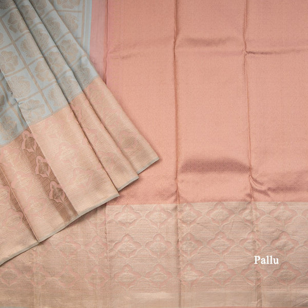 Pastel Blue Checked Silk Saree With Fancy Baby Pink Zari Border
