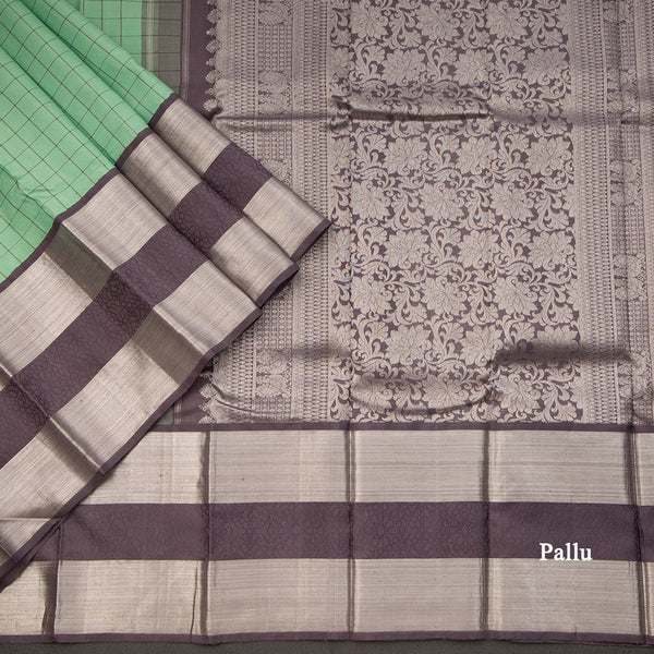 Sea Green Checked Silk Saree With Plum Shaded Border Having Silver Zari Work