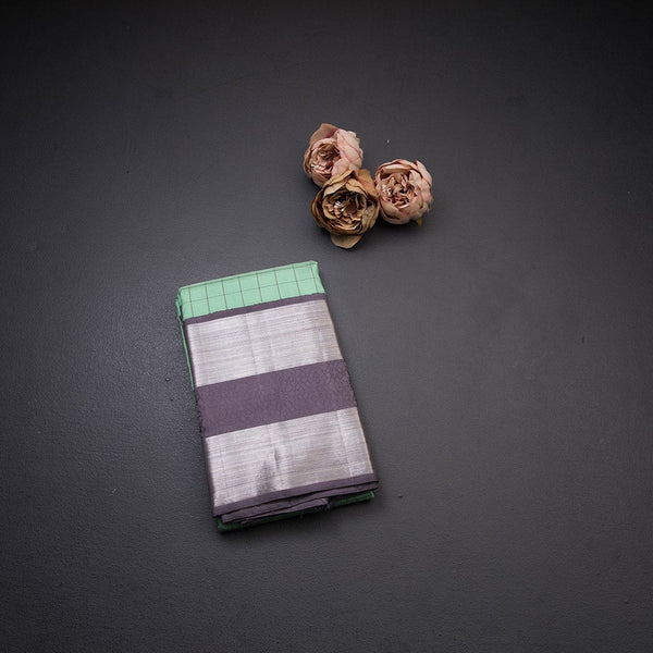 Sea Green Checked Silk Saree With Plum Shaded Border Having Silver Zari Work