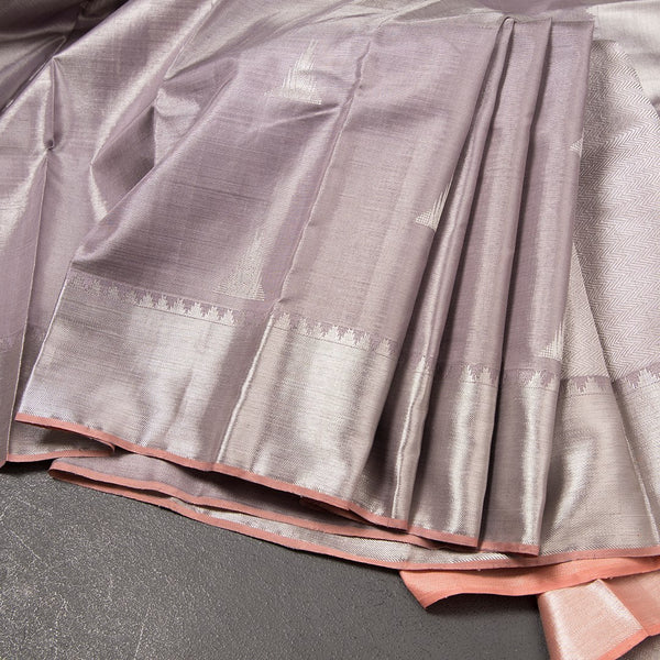 Lilac Tissue Silk Saree With Silver Zari Motifs And Gatti Zari Border
