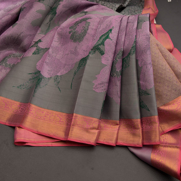 Half And Half Grey Silk Saree With Abstract And Floral Patterns