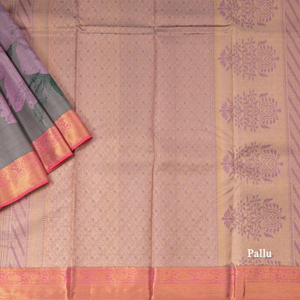 Half And Half Grey Silk Saree With Abstract And Floral Patterns