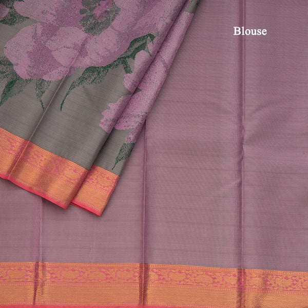 Half And Half Grey Silk Saree With Abstract And Floral Patterns