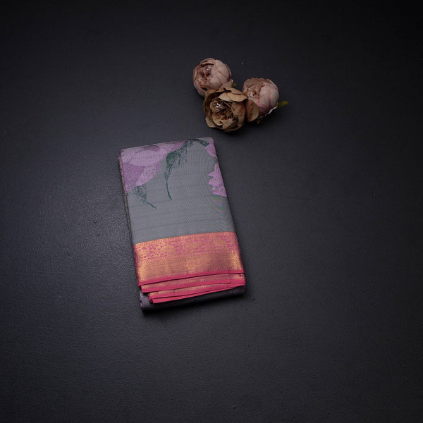 Half And Half Grey Silk Saree With Abstract And Floral Patterns