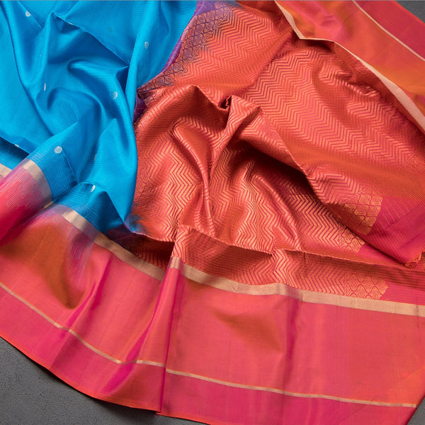 Blue Soft Silk Saree With Coin Zari Buttis And Copper Zari Worked Pink Zig Zag Pallu