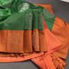 Emerald Green Soft Silk Saree With Orange Border And Floral Zari Motifs Over The Body