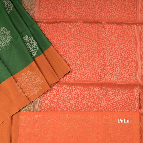 Emerald Green Soft Silk Saree With Orange Border And Floral Zari Motifs Over The Body