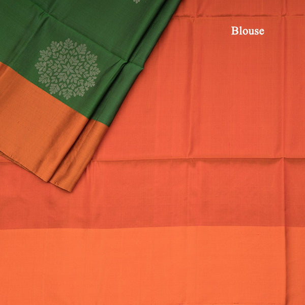 Emerald Green Soft Silk Saree With Orange Border And Floral Zari Motifs Over The Body
