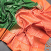 Emerald Green Soft Silk Saree With Orange Border And Floral Zari Motifs Over The Body