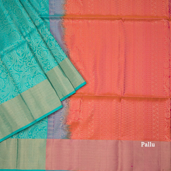 Turquiose Blue Brocade Soft Silk Saree With Orange Coloured Floral Designed Pallu