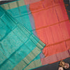 Turquiose Blue Brocade Soft Silk Saree With Orange Coloured Floral Designed Pallu
