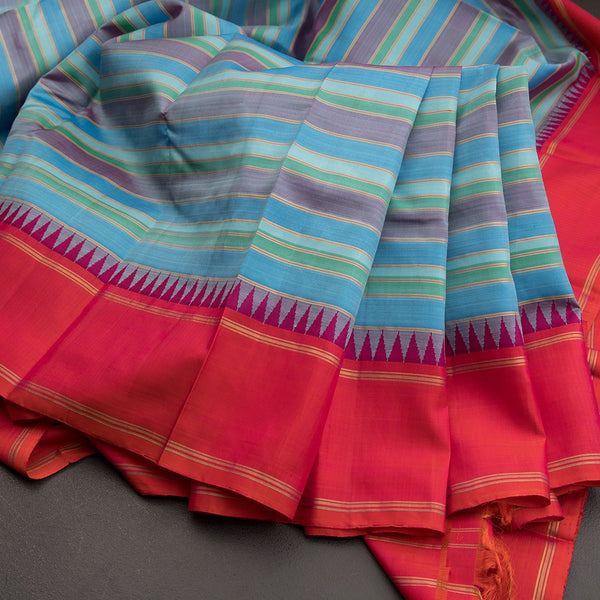 Tricoloured Striped Silk Saree With Red Temple Border