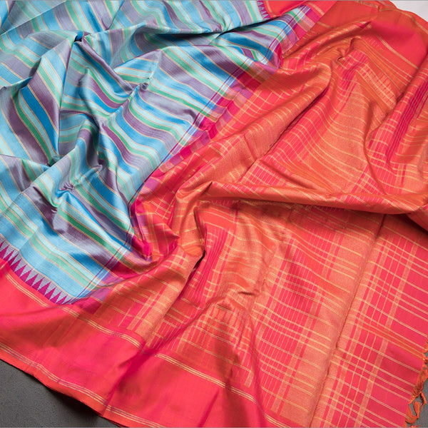 Tricoloured Striped Silk Saree With Red Temple Border