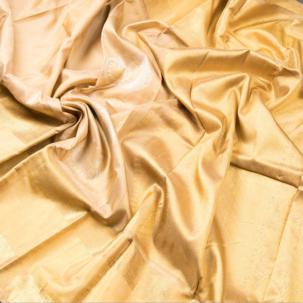 Gold Beige Silk Saree With Silver Malli Moggu And Paisley Patterns In Silver Zari