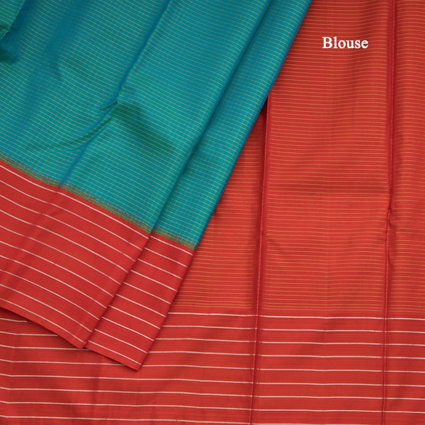 Blue Micro Checked Silk Saree With Striped Red Border