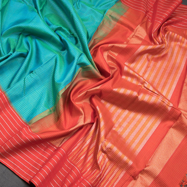 Blue Micro Checked Silk Saree With Striped Red Border