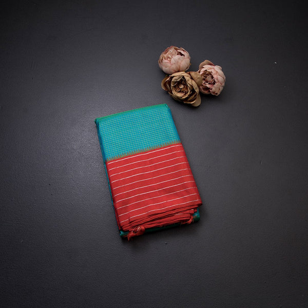 Blue Micro Checked Silk Saree With Striped Red Border