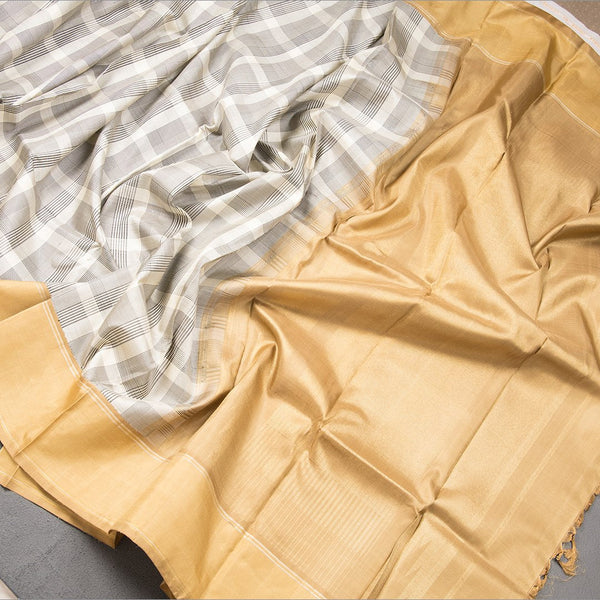 Black Checked Silk Saree With Golden Border