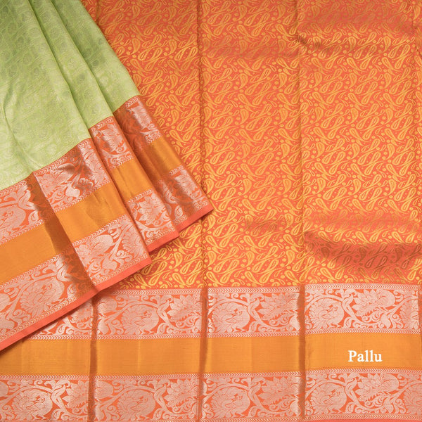 Light Green Self Designed Silk Saree With Orange Border And Gold And Silver Zari Work
