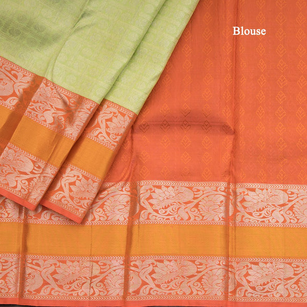 Light Green Self Designed Silk Saree With Orange Border And Gold And Silver Zari Work