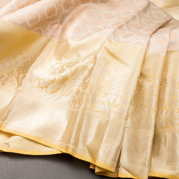 Silver And Copper Tissue Saree With Yellow Silver Zari Worked Border