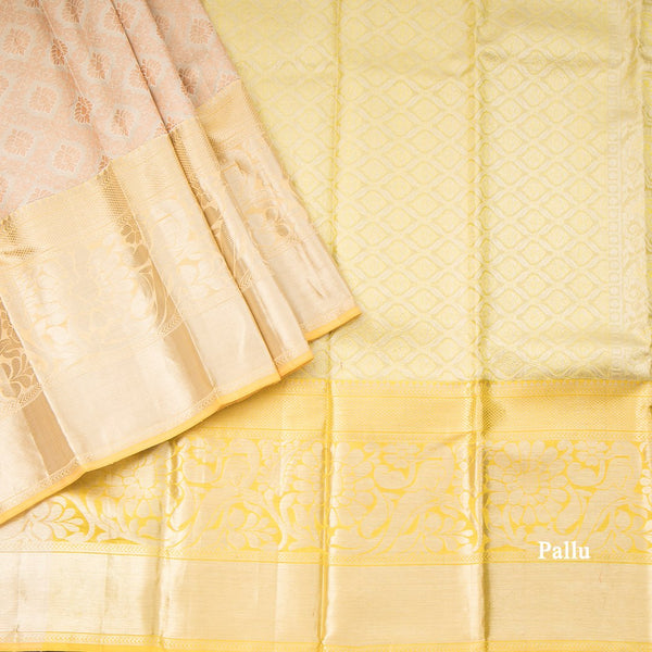 Silver And Copper Tissue Saree With Yellow Silver Zari Worked Border