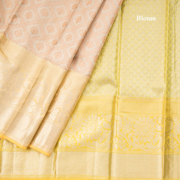 Silver And Copper Tissue Saree With Yellow Silver Zari Worked Border