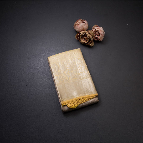 Silver And Copper Tissue Saree With Yellow Silver Zari Worked Border