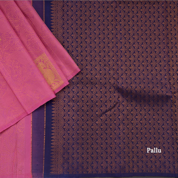Borderless Light Rose Pink Self Designed Kanchipuram Silk Saree With Peacock Design On The Border