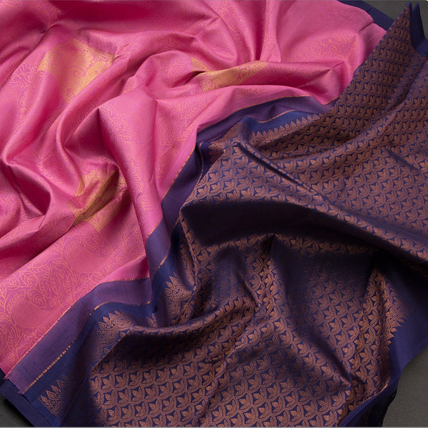 Borderless Light Rose Pink Self Designed Kanchipuram Silk Saree With Peacock Design On The Border