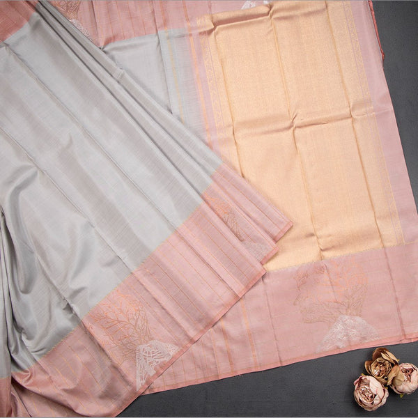 Plain Grey Kanchipuram Silk Saree With Stylish Checked Silver And Gold Zari Design On Border