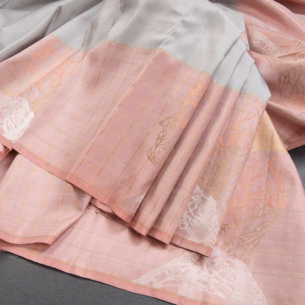 Plain Grey Kanchipuram Silk Saree With Stylish Checked Silver And Gold Zari Design On Border