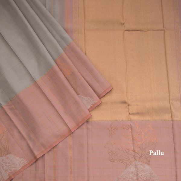 Plain Grey Kanchipuram Silk Saree With Stylish Checked Silver And Gold Zari Design On Border