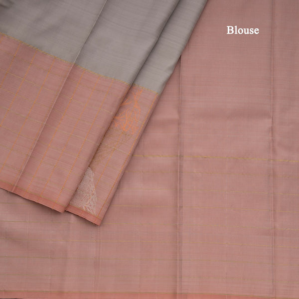 Plain Grey Kanchipuram Silk Saree With Stylish Checked Silver And Gold Zari Design On Border