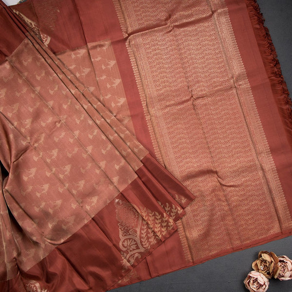 Rust Brown Kanchipuram Silk Saree With Stylish Pattern Body And Contrast Border