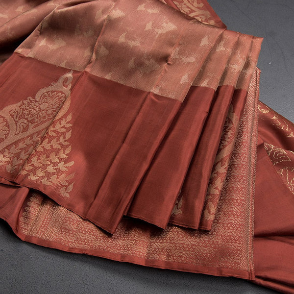 Rust Brown Kanchipuram Silk Saree With Stylish Pattern Body And Contrast Border