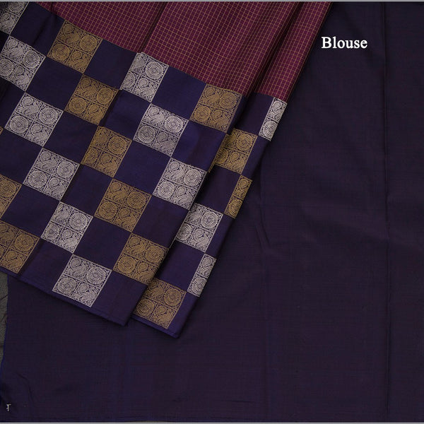 Micro Checked Purple Kanchipuram Silk Saree With Square Peacock And Chakra Design On Border